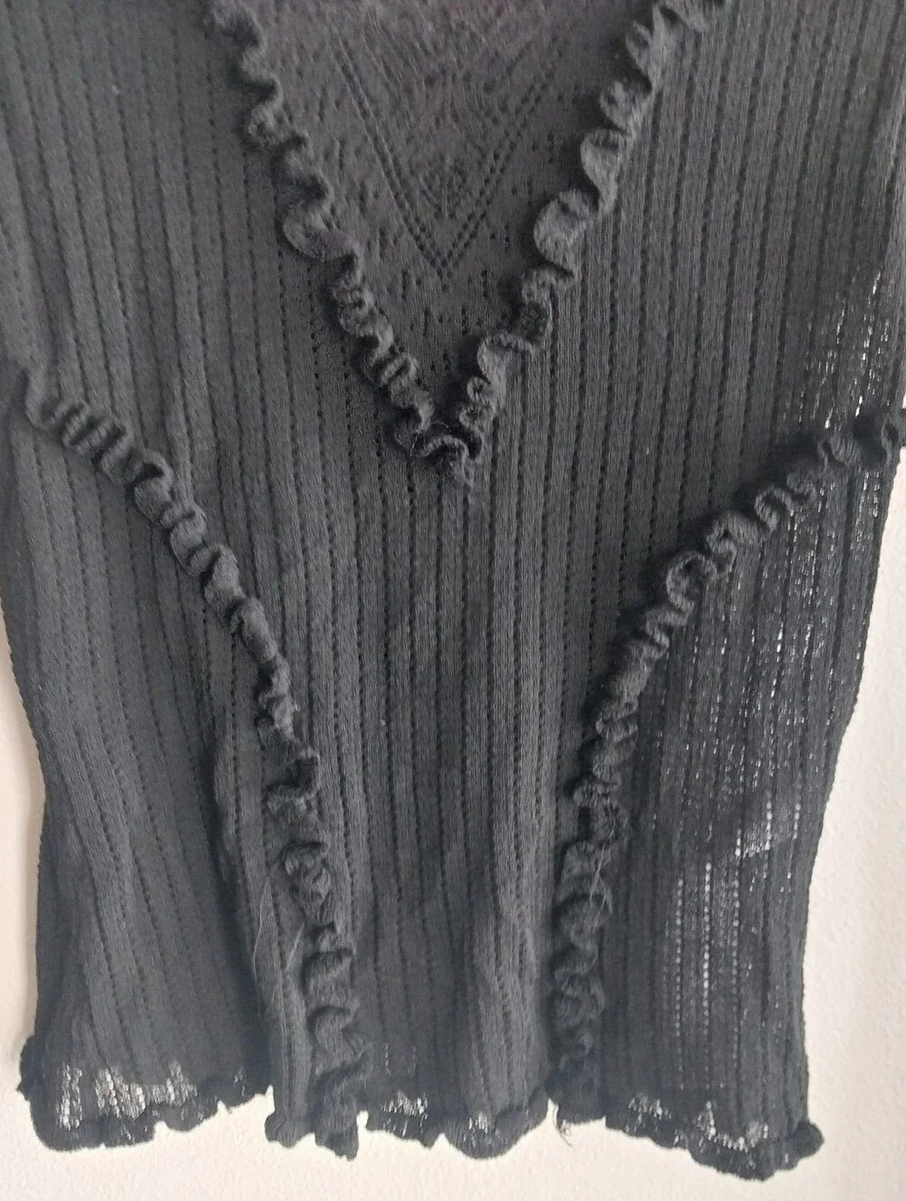 Zara Black Sheer Lace Pointelle Knit Ruffle Trim Long Bell Sleeve Top NWOT